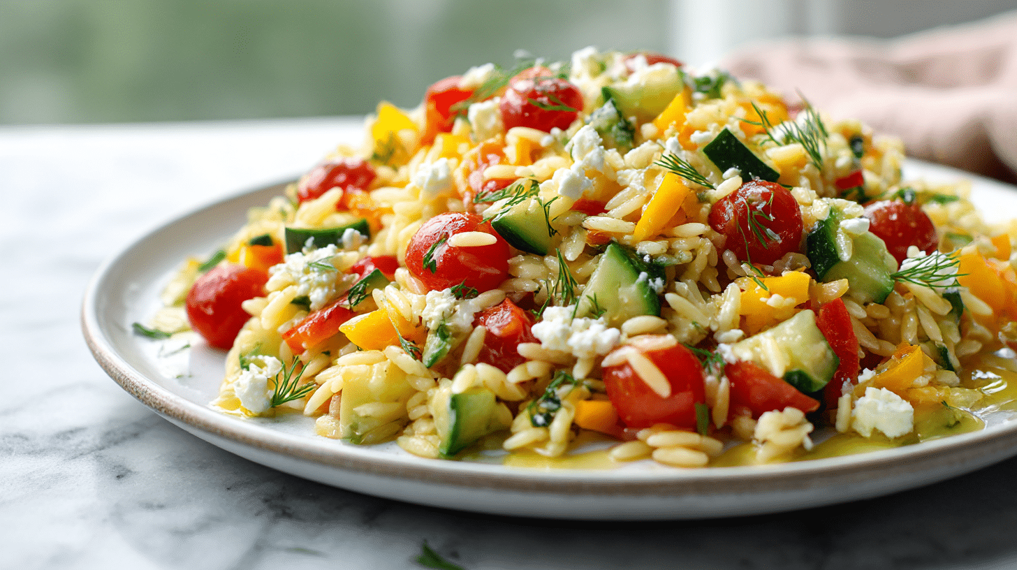 gordon ramsay orzo pasta salad featured in a vibrant close-up shot