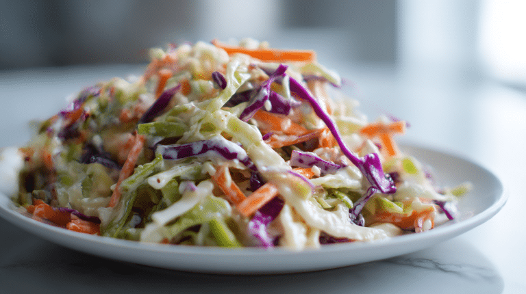 Gordon Ramsay Coleslaw Recipe 3 A vibrant bowl of coleslaw featuring shredded green and purple cabbage.