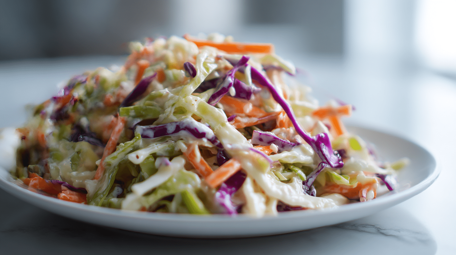 Gordon Ramsay Coleslaw Recipe 1 A vibrant bowl of coleslaw featuring shredded green and purple cabbage.