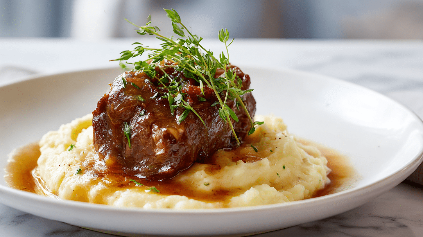 gordon ramsay lamb neck fillet plated with herbs and mashed potatoes