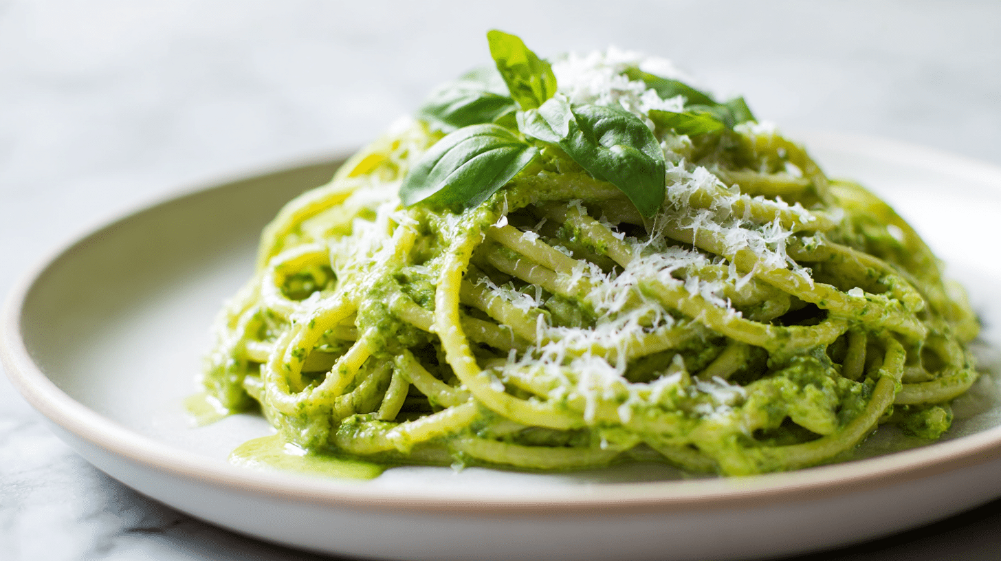 A vibrant green gordon ramsay pesto sauce drizzled over al dente pasta