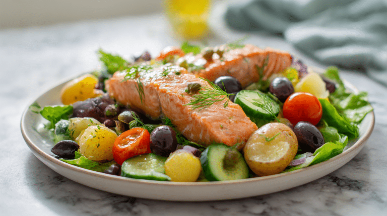 A close-up view of gordon ramsay salmon nicoise salad beautifully arranged on a white plate.