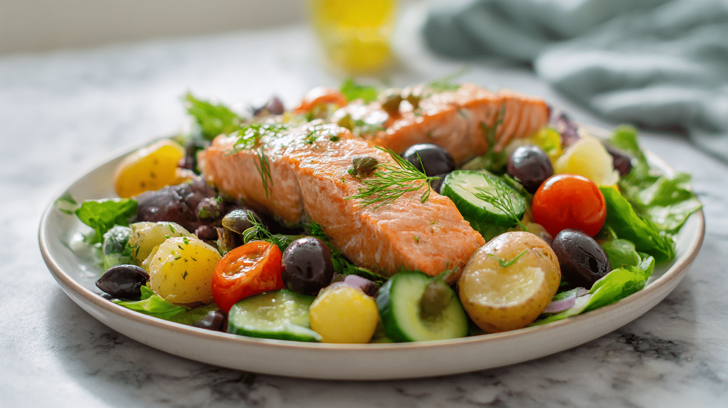 A close-up view of gordon ramsay salmon nicoise salad beautifully arranged on a white plate.
