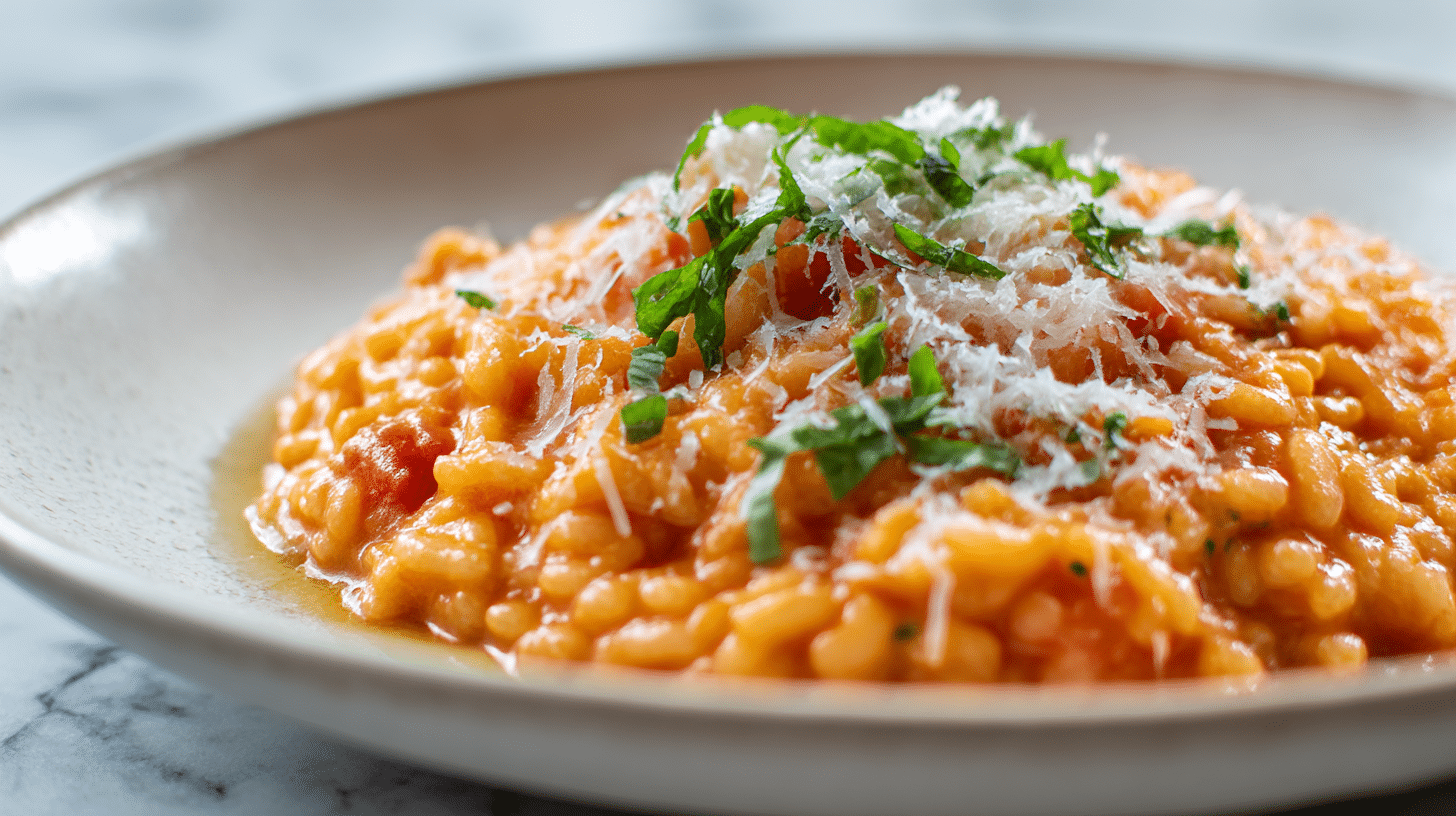 gordon ramsay tomato risotto served on a white plate, garnished with Parmesan cheese
