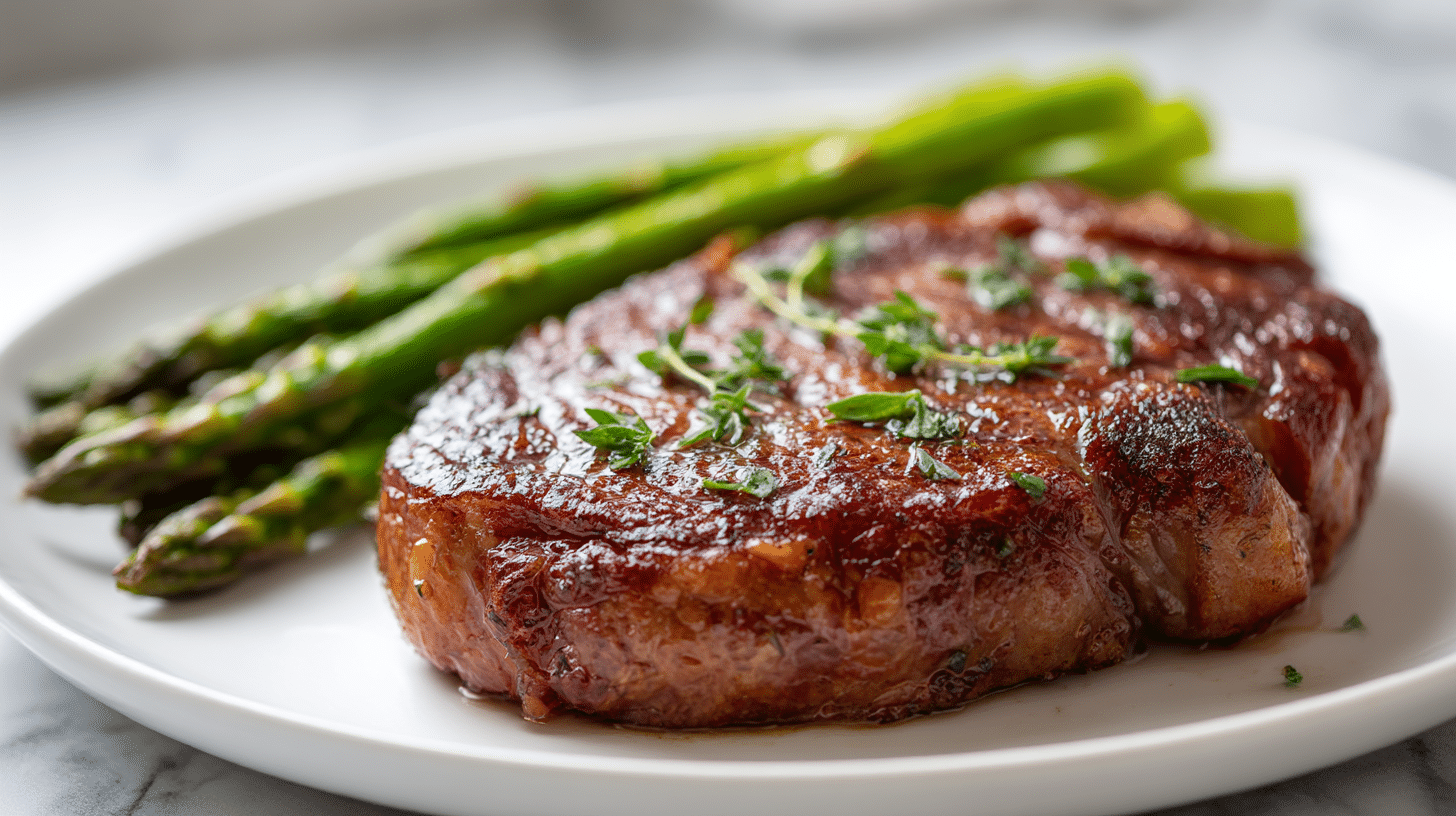 gordon ramsay's grilled ribeye steak served with asparagus